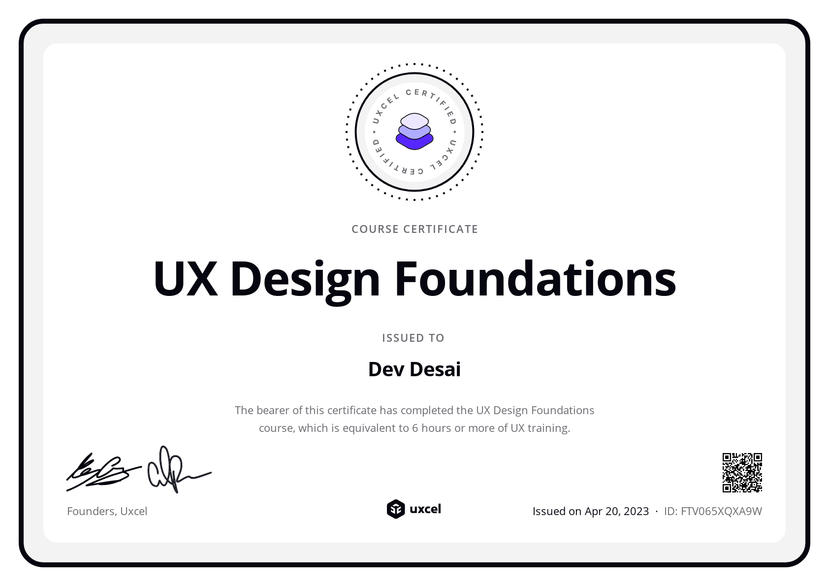 Dev Desai's certificate